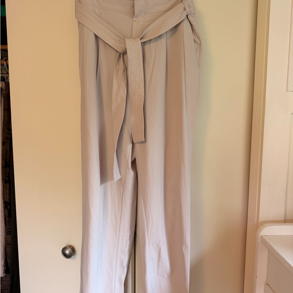 Athleta Light Beige High-Waist Wide-Leg Paperbag Pants with Tie